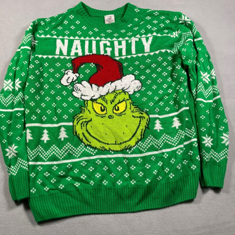 The Grinch Sweater Mens 2XL Green Naughty Graphic Holiday Knit